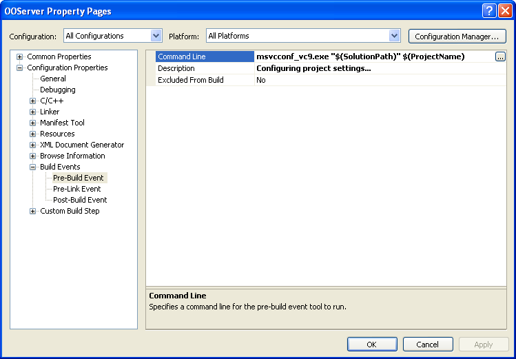 Picture of Visual C++ Project options page